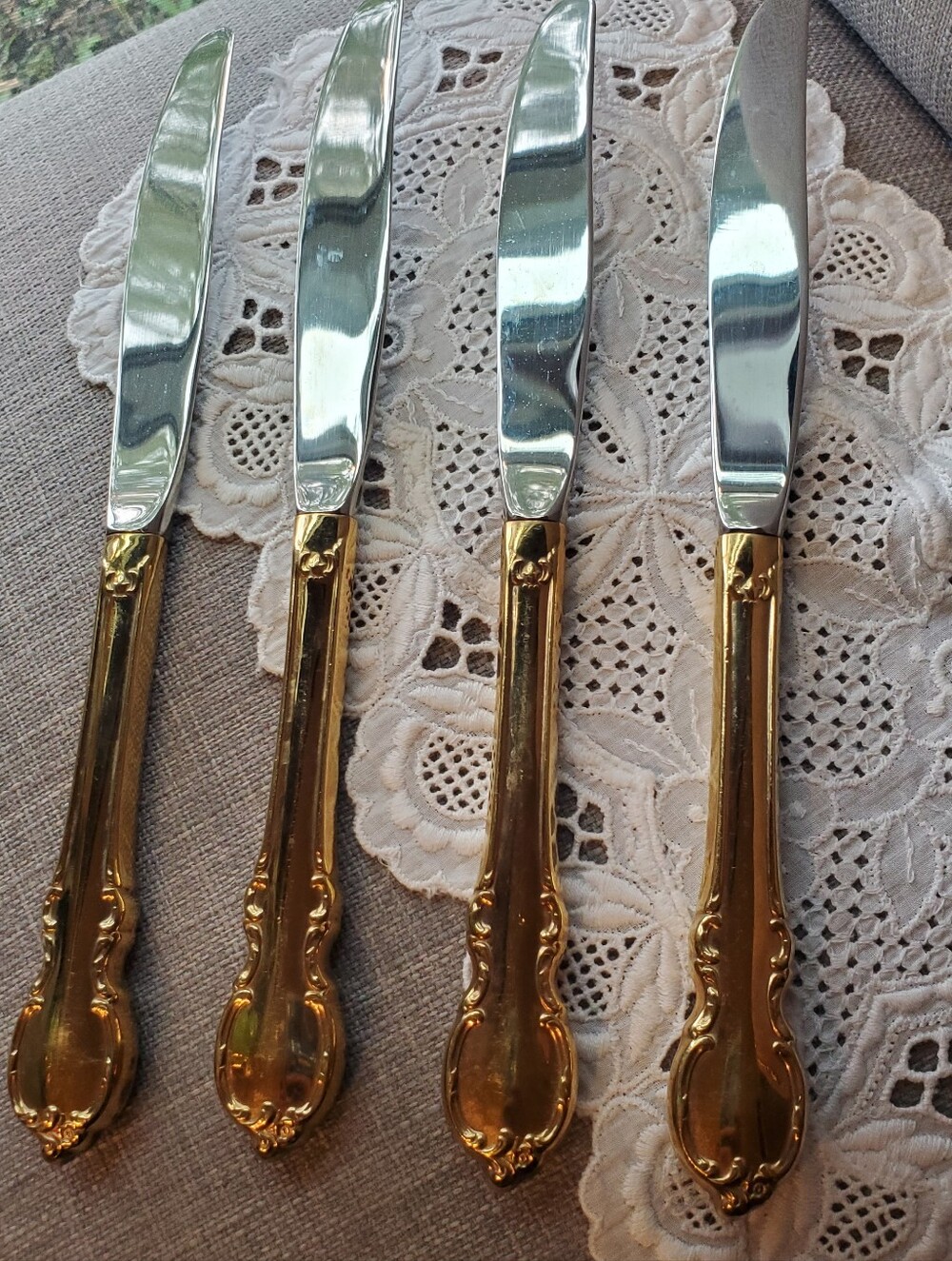 Baroque Style, Dinner Knives, Set of 4, Gold-Handle Stainless, 9" vintage
